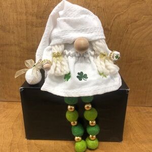 Shamrock Gnome Felted Pom Pom Clover Lucky Irish Coffee Gold White Legs Beads